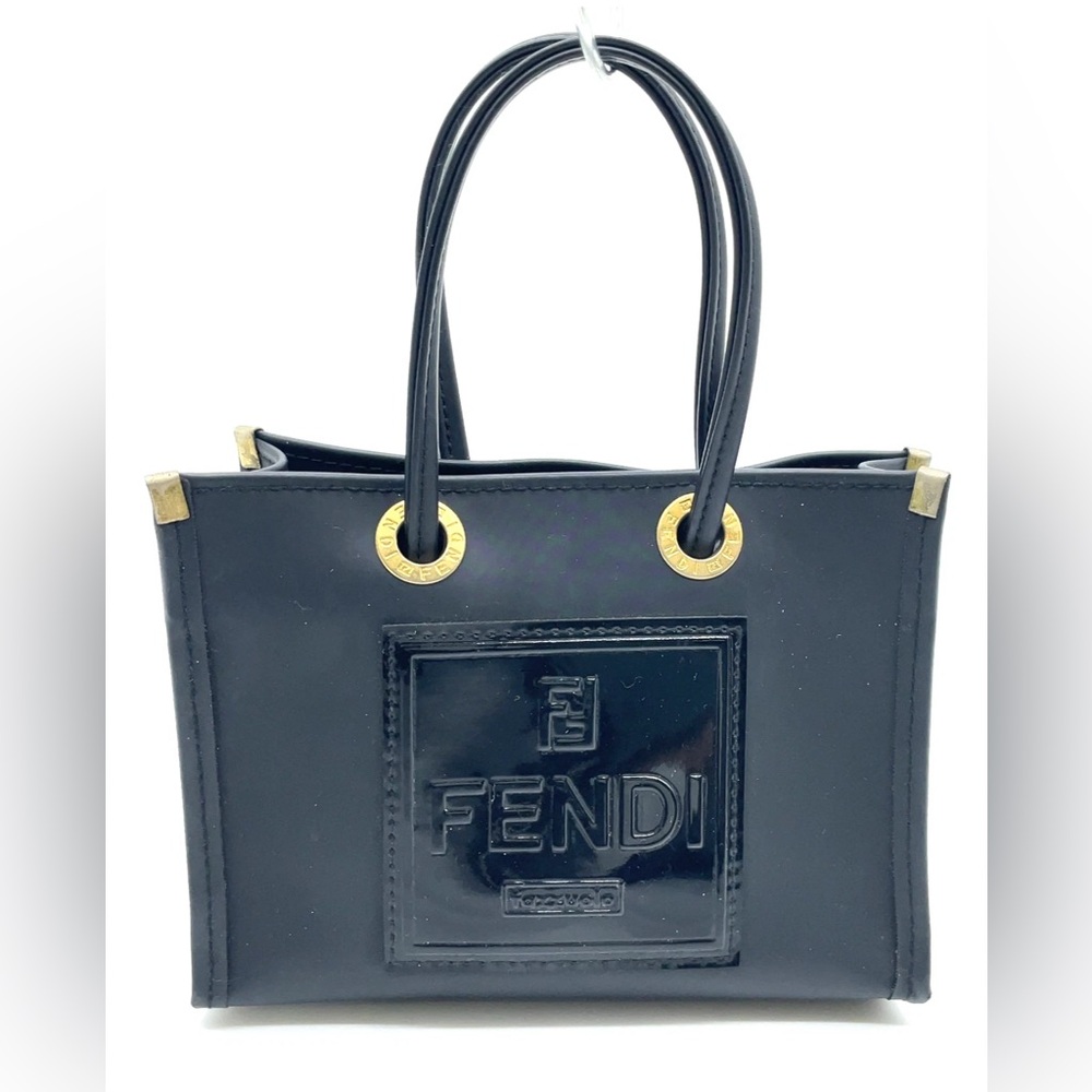 Auth Fendi Logo Vinyl x Leather Black Mini Handbag